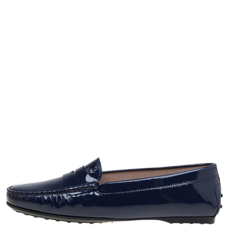 Pre Owned Tod's Navy Blue Patent Gomma Lu Moccasins Size 39.5