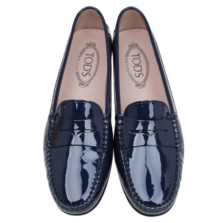 Pre Owned Tod's Navy Blue Patent Gomma Lu Moccasins Size 39.5