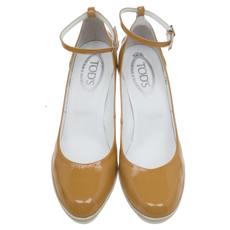 Pre Owned Tod's Beige Patent Leather Ankle Strap Pumps Size 39.5
