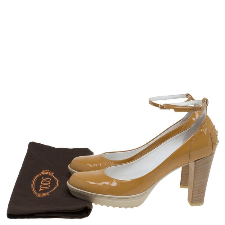 Pre Owned Tod's Beige Patent Leather Ankle Strap Pumps Size 39.5