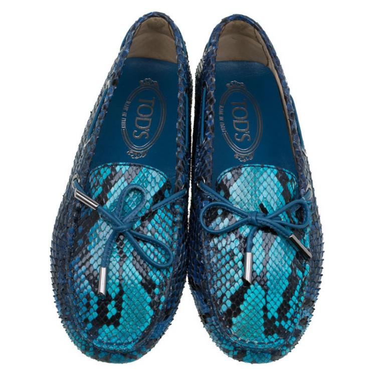 Pre Owned Tod's Blue Python Bow Loafers Size 37