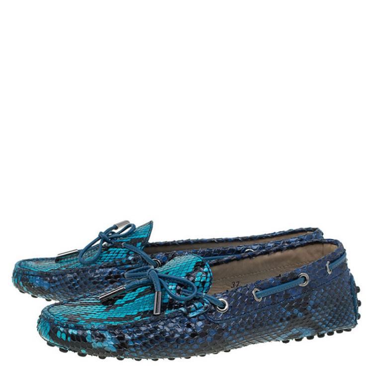 Pre Owned Tod's Blue Python Bow Loafers Size 37