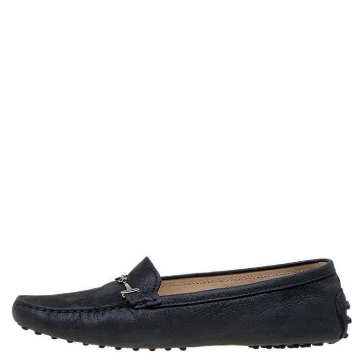 Pre Owned Tod's Black Leather Double T Buckle Loafers Size 39
