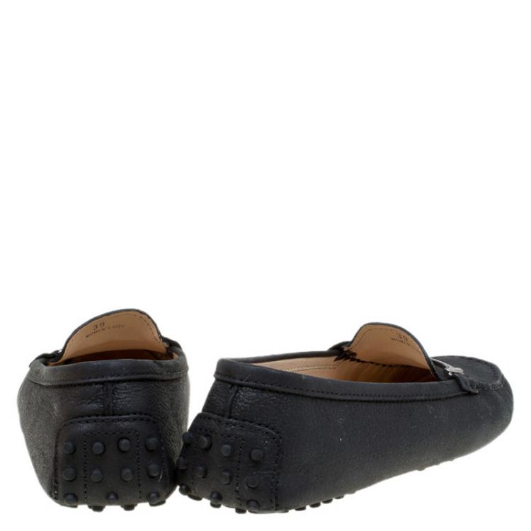 Pre Owned Tod's Black Leather Double T Buckle Loafers Size 39