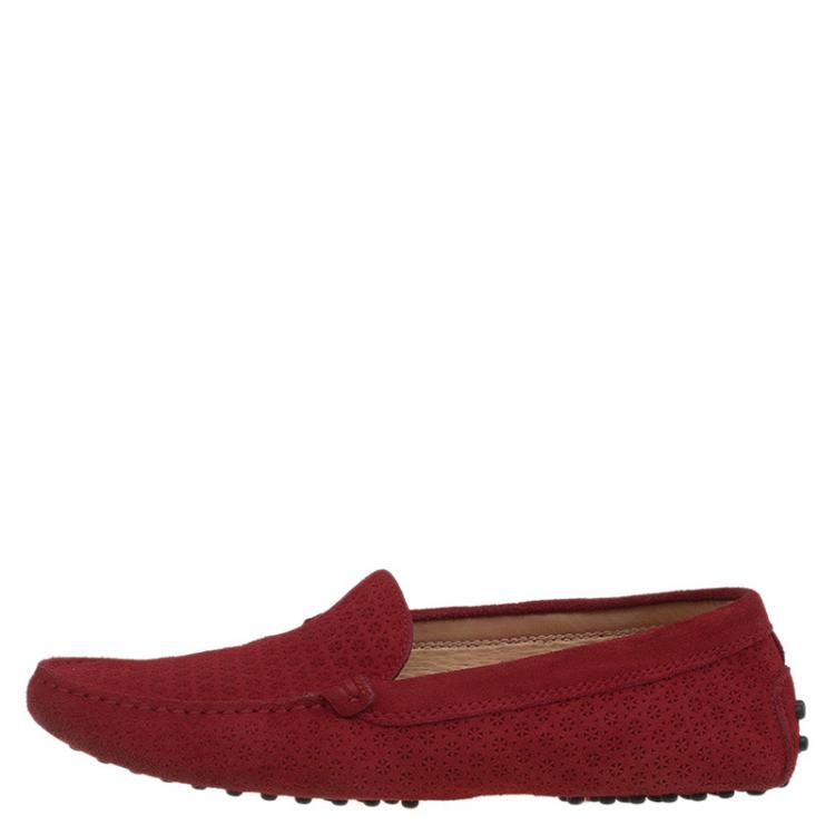 Pre Owned Tod's Red Floral Perforated Suede Loafers Size 36