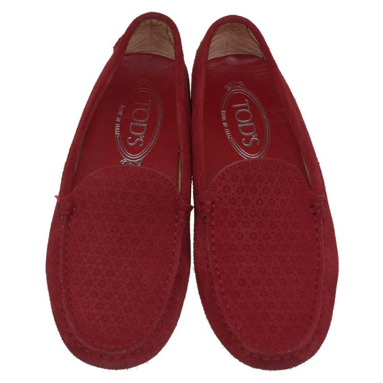 Pre Owned Tod's Red Floral Perforated Suede Loafers Size 36