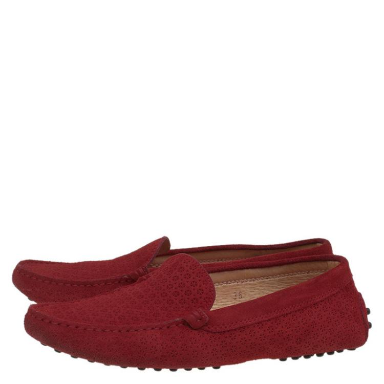 Pre Owned Tod's Red Floral Perforated Suede Loafers Size 36