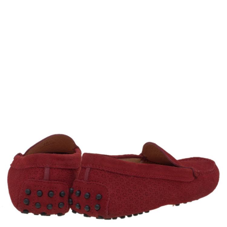 Pre Owned Tod's Red Floral Perforated Suede Loafers Size 36