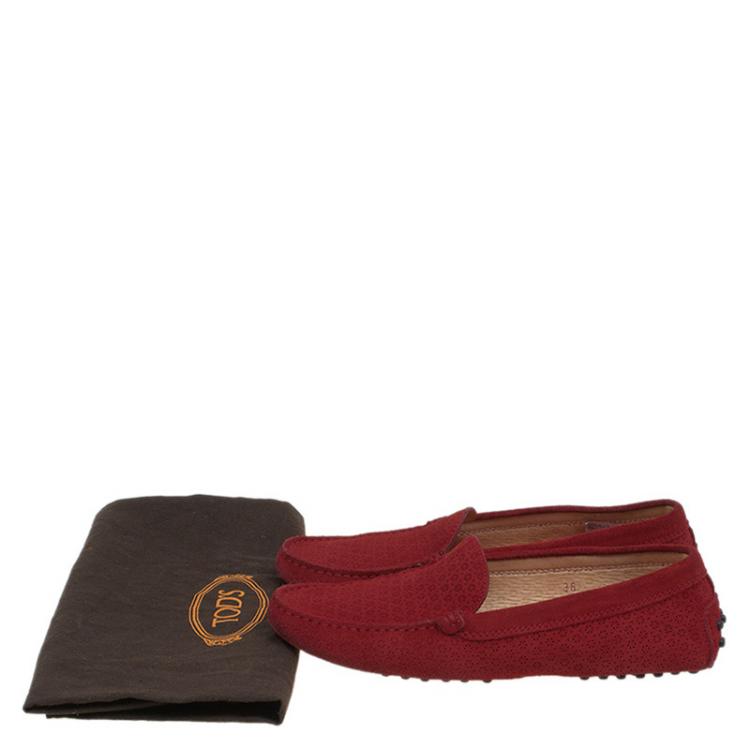 Pre Owned Tod's Red Floral Perforated Suede Loafers Size 36