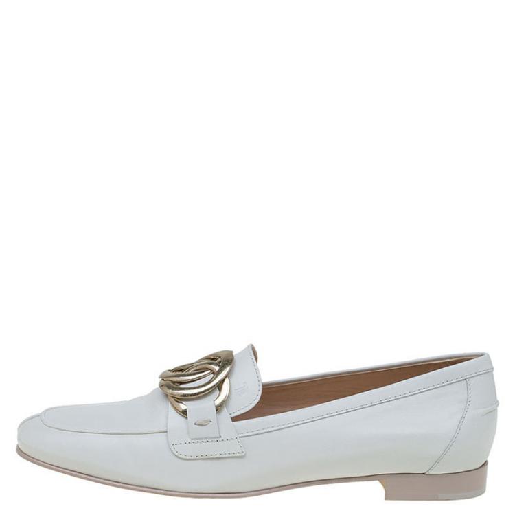 Pre Owned Tod's White Leather Buckle Detail Loafers Size 38.5
