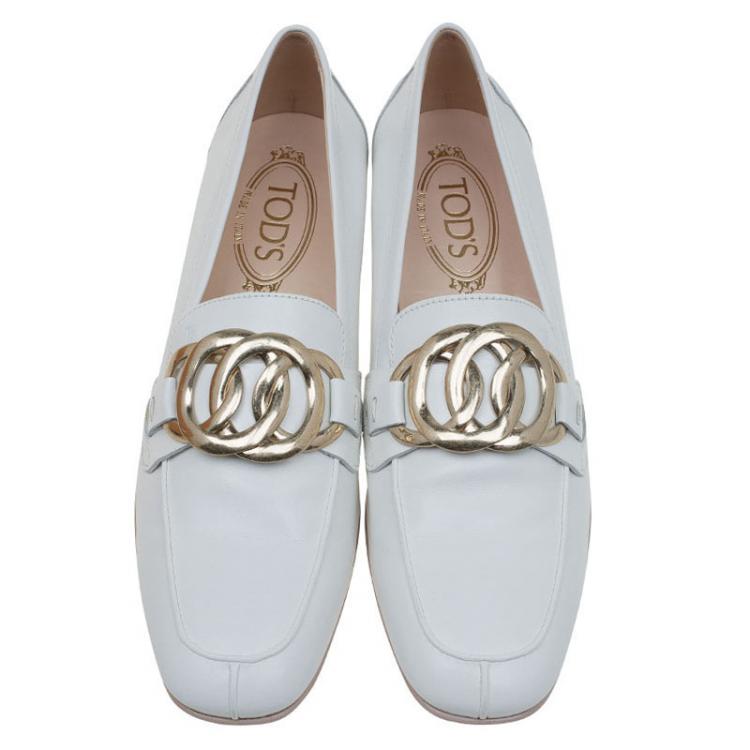 Pre Owned Tod's White Leather Buckle Detail Loafers Size 38.5