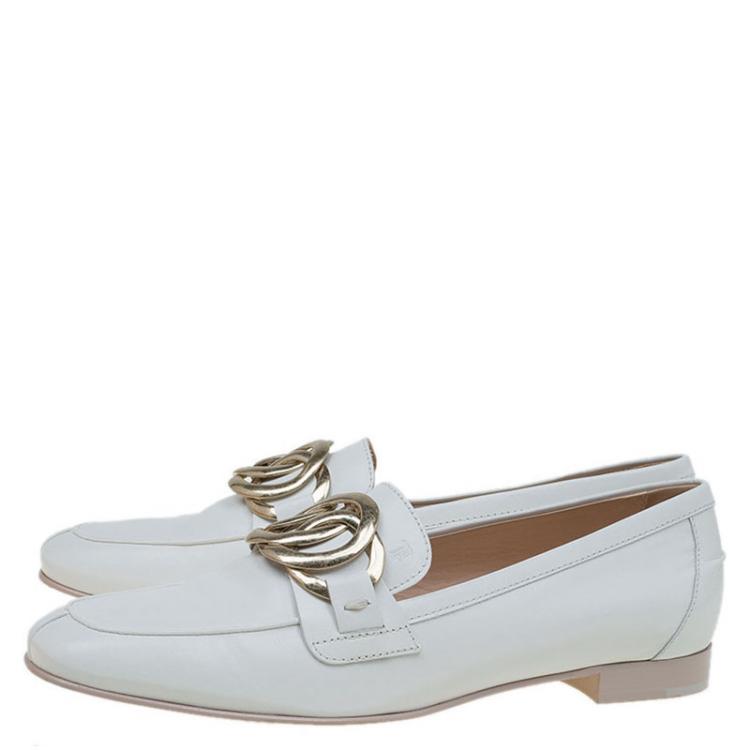 Pre Owned Tod's White Leather Buckle Detail Loafers Size 38.5