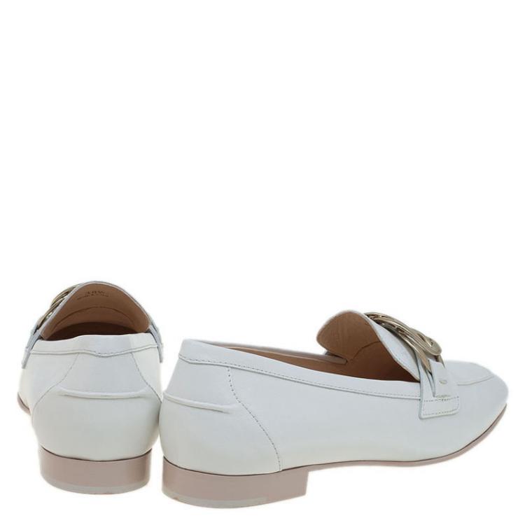 Pre Owned Tod's White Leather Buckle Detail Loafers Size 38.5
