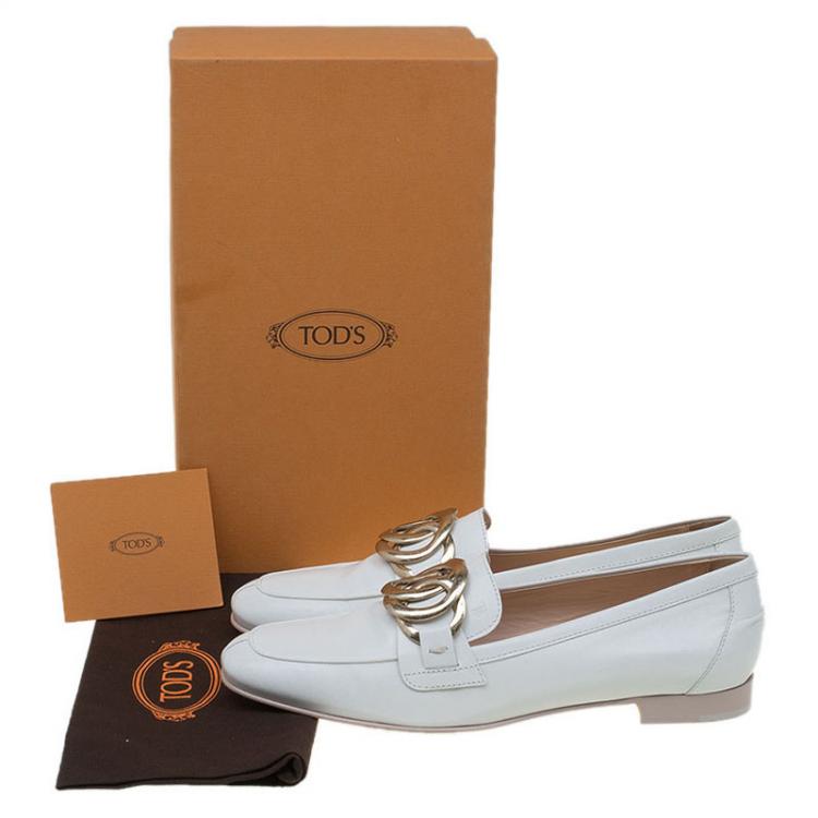 Pre Owned Tod's White Leather Buckle Detail Loafers Size 38.5