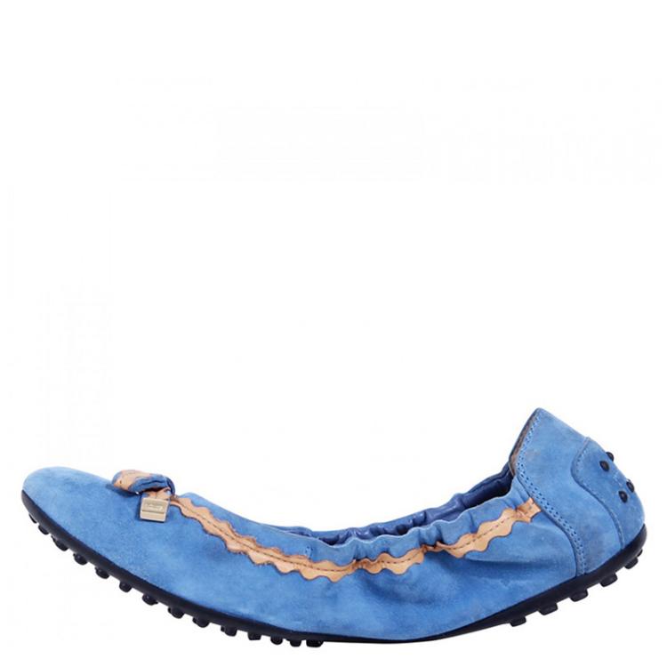 Pre Owned Tod's Blue Suede and Beige Leather Scrunch Ballet Flats Size 40