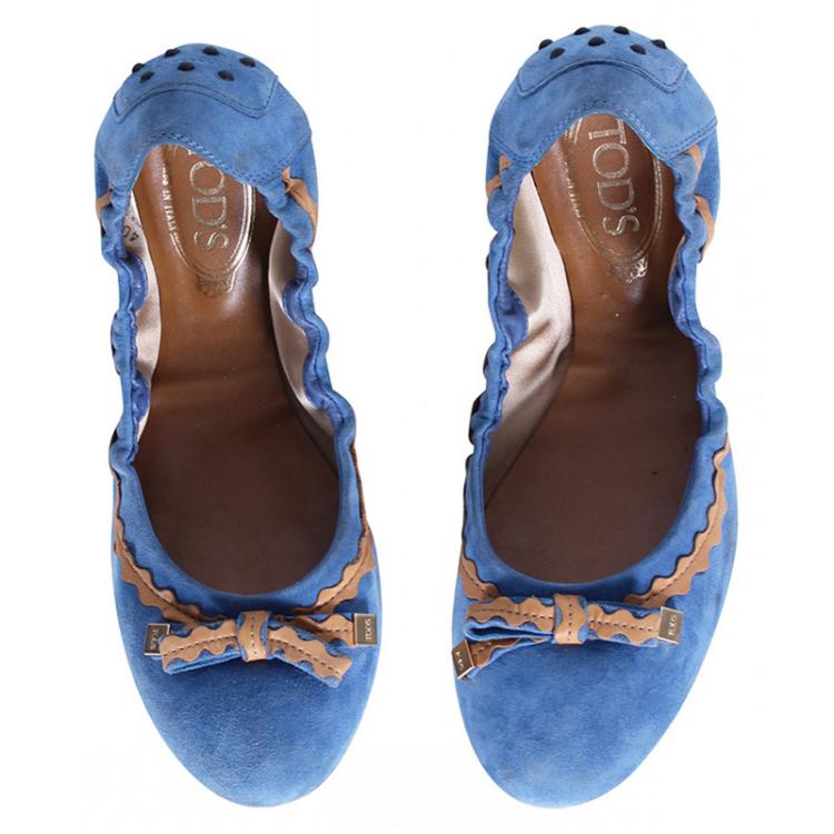 Pre Owned Tod's Blue Suede and Beige Leather Scrunch Ballet Flats Size 40