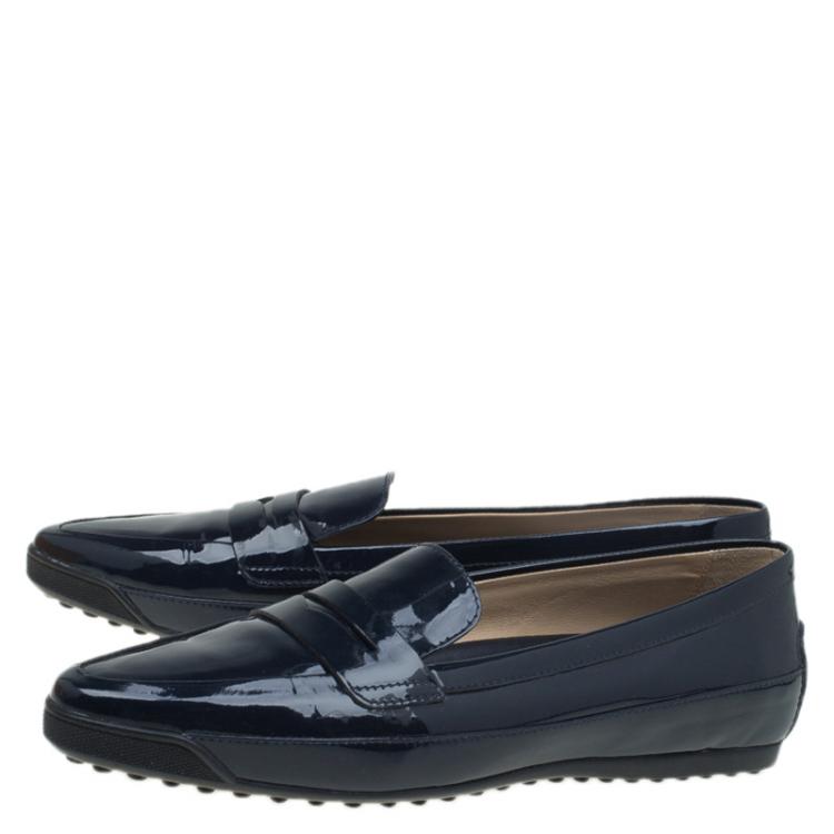 Pre Owned Tod's Navy Blue Patent Penny Pointed Toe Loafers Size 40.5