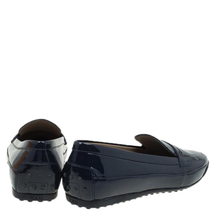 Pre Owned Tod's Navy Blue Patent Penny Pointed Toe Loafers Size 40.5