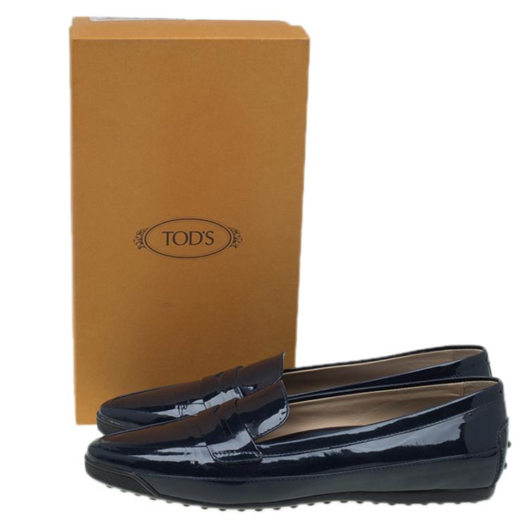 Pre Owned Tod's Navy Blue Patent Penny Pointed Toe Loafers Size 40.5