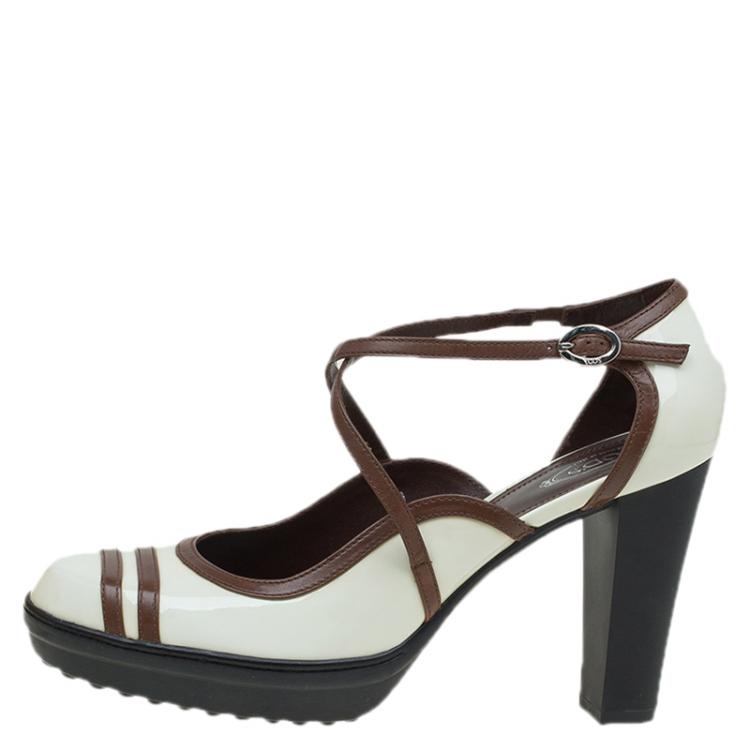 Pre Owned Tod's Cream/Brown Patent Cross Strap Platform Pumps Size 40