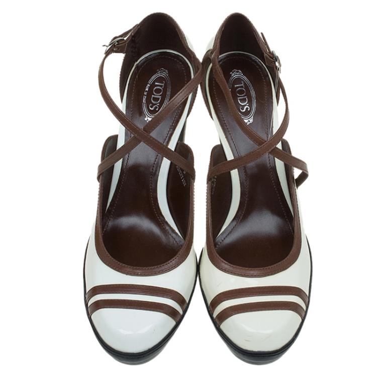 Pre Owned Tod's Cream/Brown Patent Cross Strap Platform Pumps Size 40