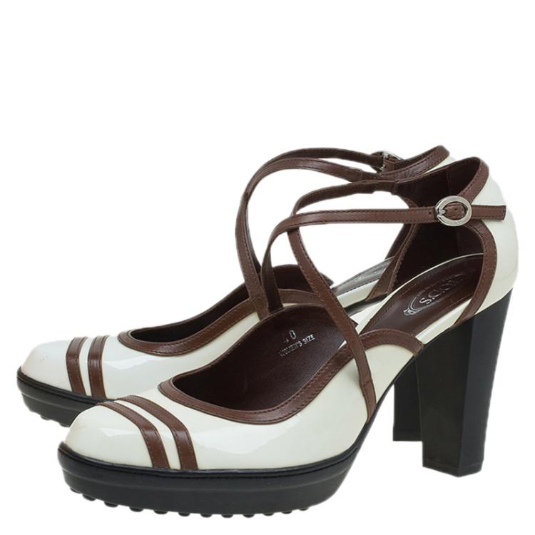 Pre Owned Tod's Cream/Brown Patent Cross Strap Platform Pumps Size 40