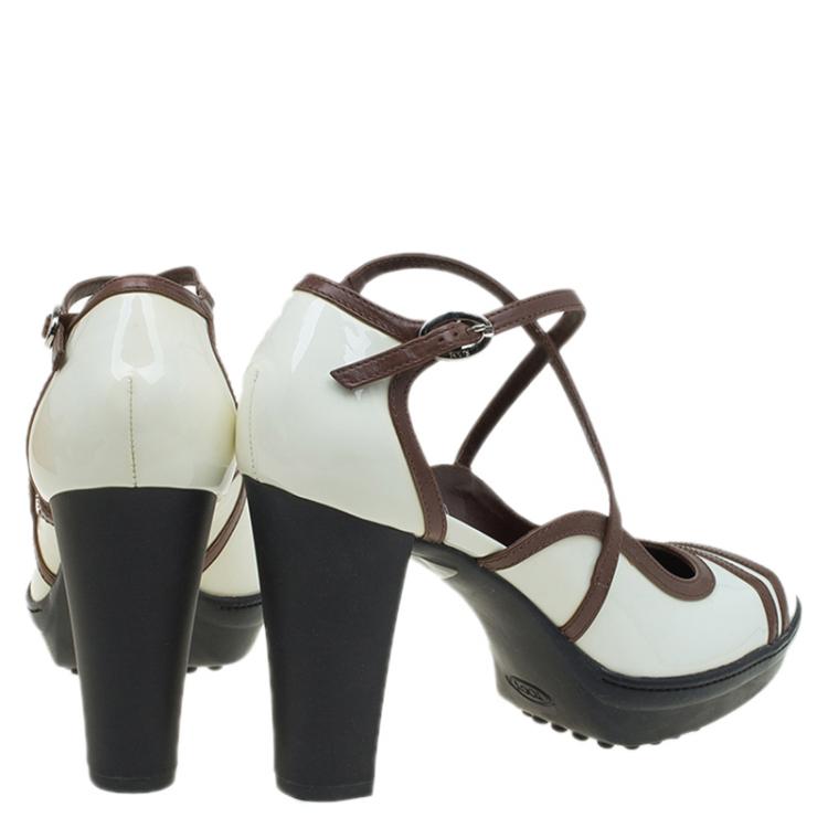Pre Owned Tod's Cream/Brown Patent Cross Strap Platform Pumps Size 40