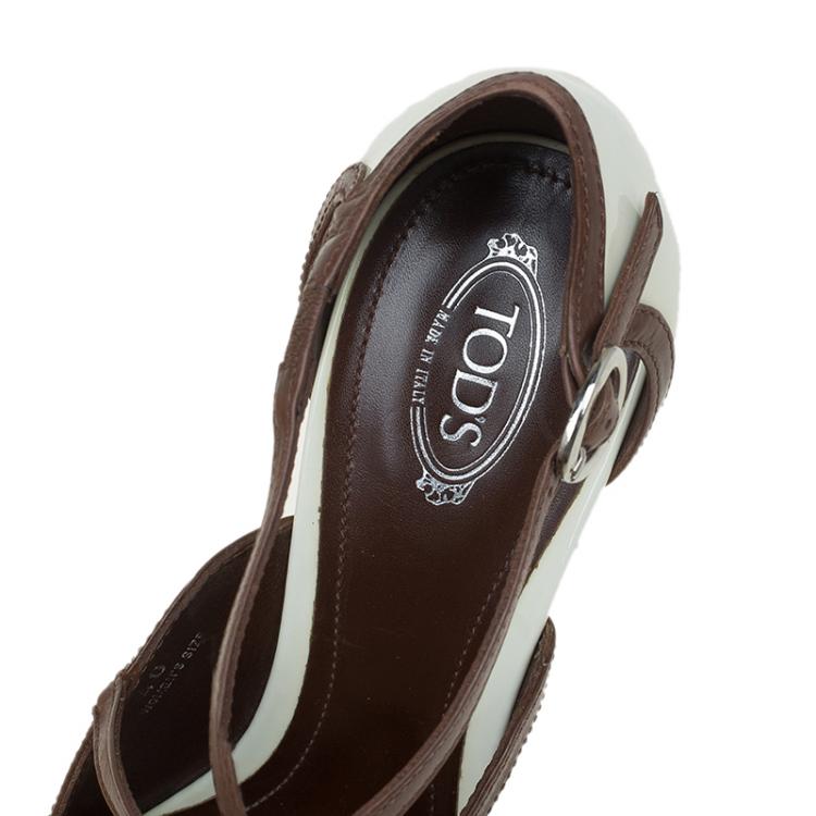 Pre Owned Tod's Cream/Brown Patent Cross Strap Platform Pumps Size 40