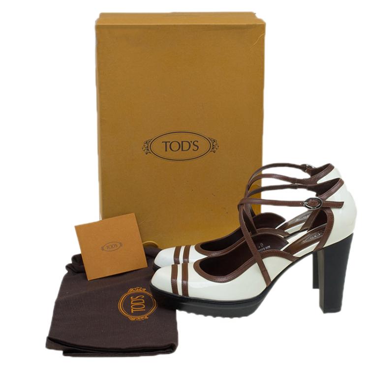 Pre Owned Tod's Cream/Brown Patent Cross Strap Platform Pumps Size 40