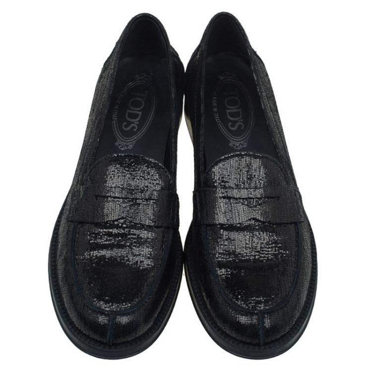 Pre Owned Tod's Metallic Blue Iridescent Leather Penny Loafers Size 37.5