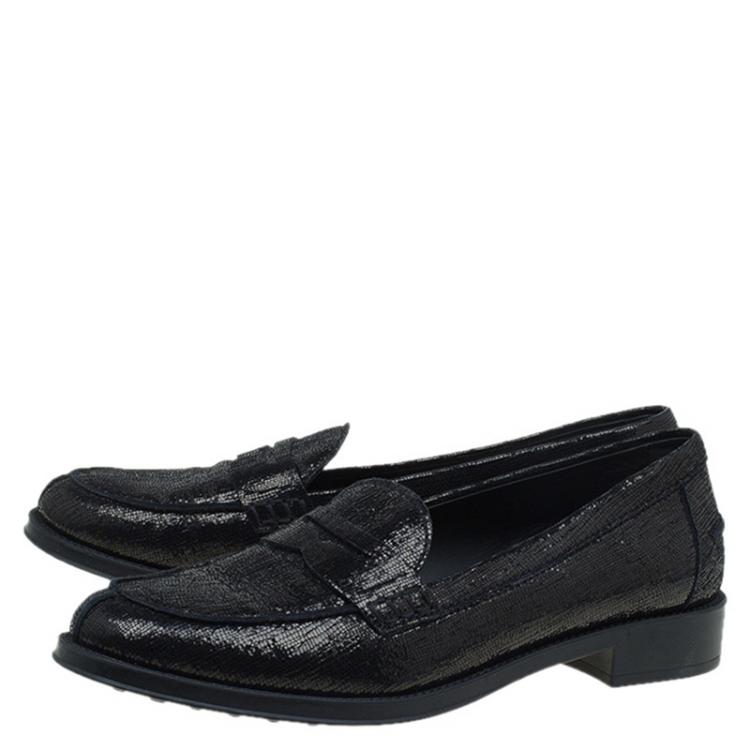 Pre Owned Tod's Metallic Blue Iridescent Leather Penny Loafers Size 37.5