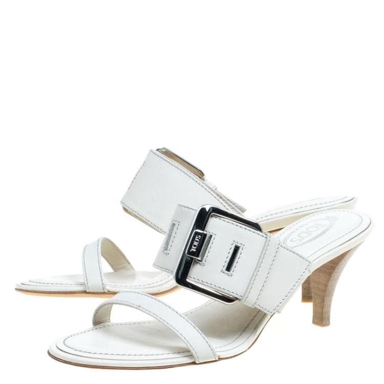 Pre Owned Tod's Off White Leather Buckle Accented Slides Sandals Size 35