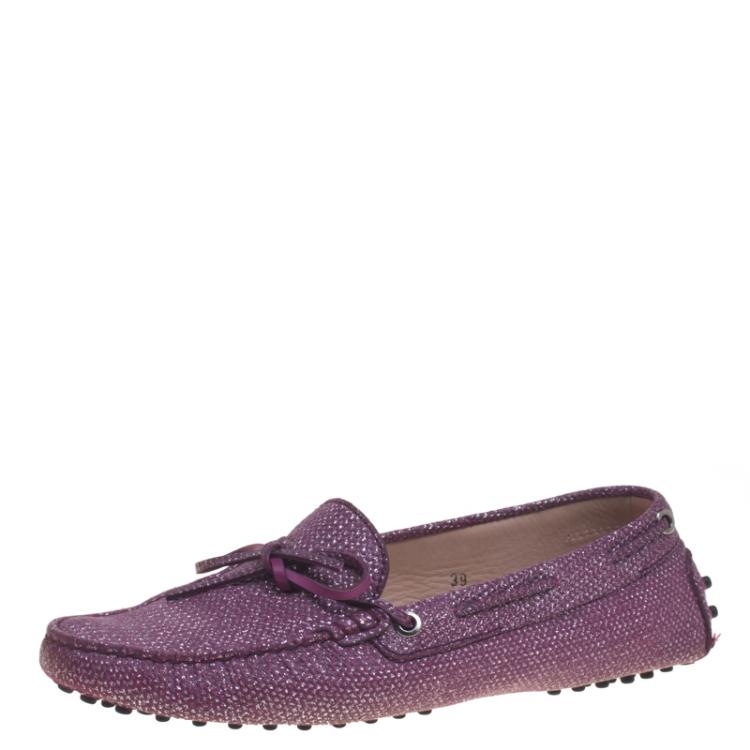 Pre Owned Tod's Purple Glitter Leather Bow Detail Driving Loafers Size 39