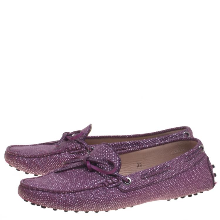 Pre Owned Tod's Purple Glitter Leather Bow Detail Driving Loafers Size 39