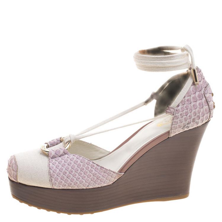 Pre Owned Tod's Lavender Python and Canvas Tie Up Wedge Sandals Size 40
