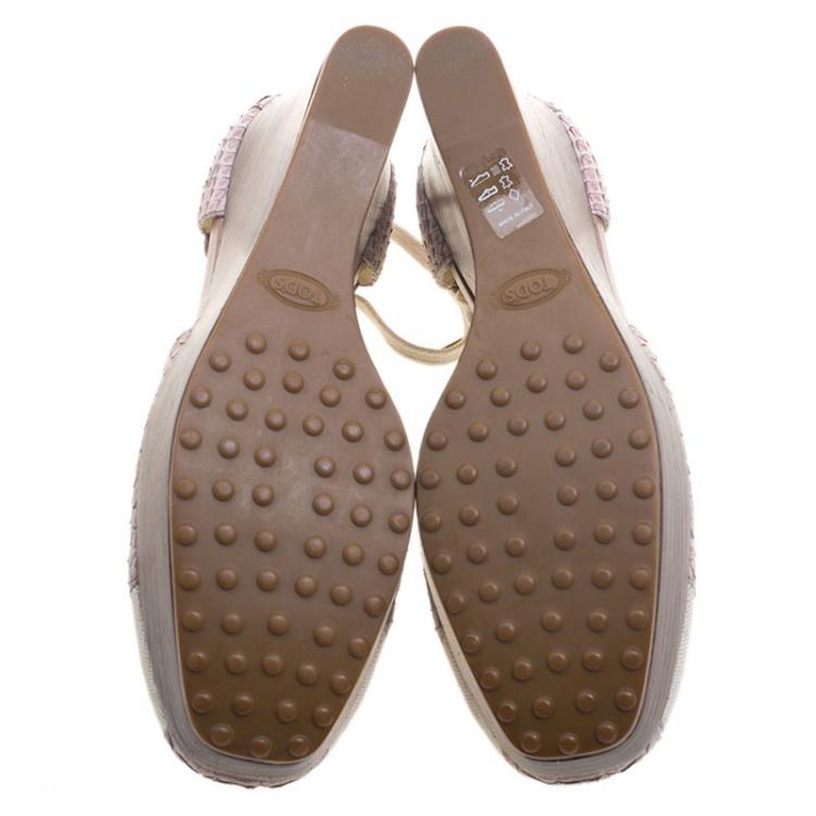 Pre Owned Tod's Lavender Python and Canvas Tie Up Wedge Sandals Size 40