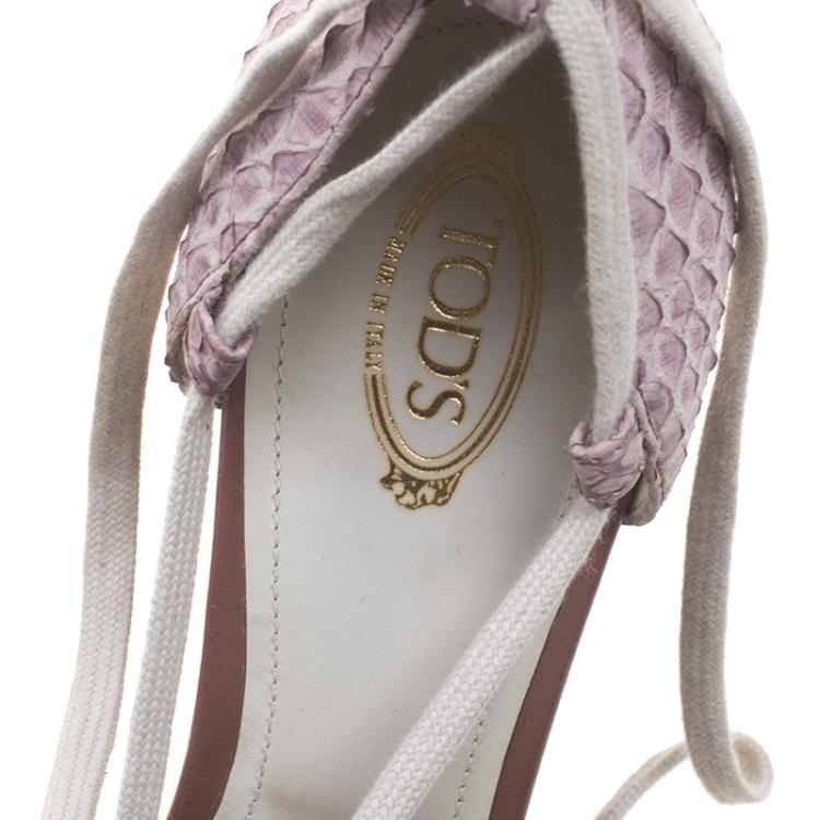 Pre Owned Tod's Lavender Python and Canvas Tie Up Wedge Sandals Size 40