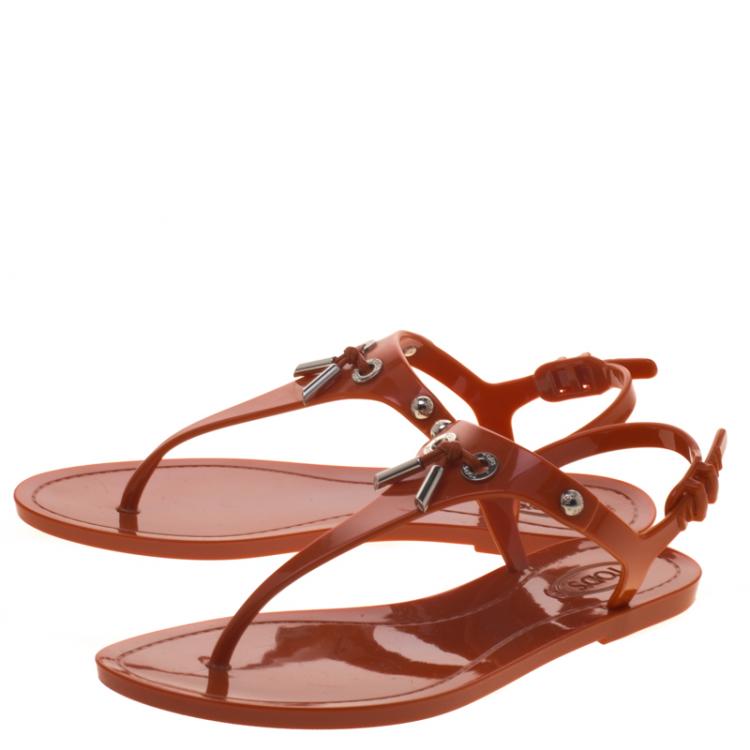Pre Owned Tod's Orange Jelly Flat Thong Sandals Size 36