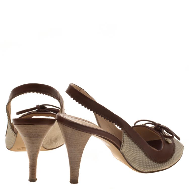 Pre Owned Tod's Two Tone Fabric And Leather Peep Toe Slingback Sandals Size 36.5