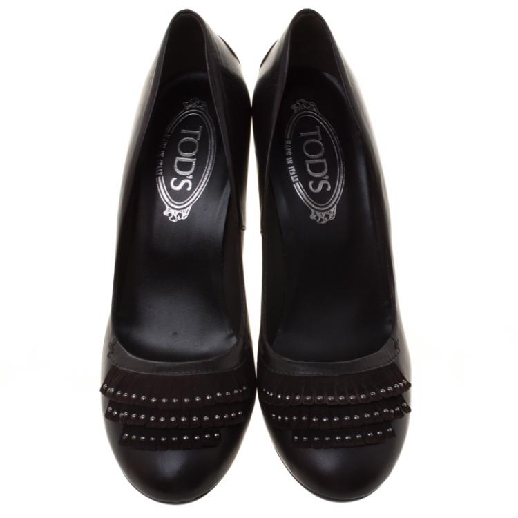 Pre Owned Tod's Brown Leather and Suede Fringe Pumps Size 39.5