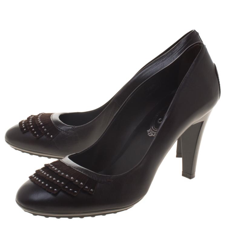 Pre Owned Tod's Brown Leather and Suede Fringe Pumps Size 39.5