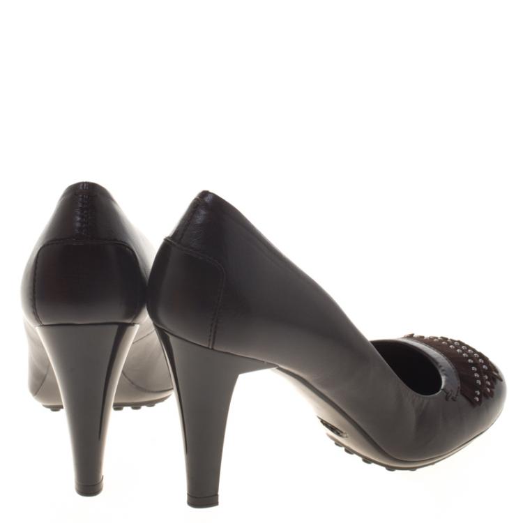 Pre Owned Tod's Brown Leather and Suede Fringe Pumps Size 39.5