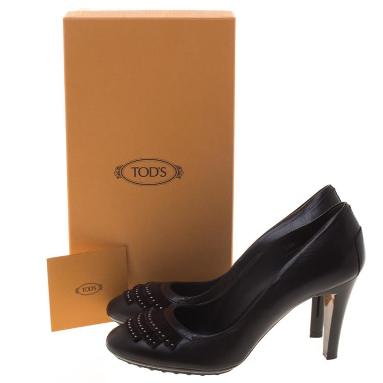 Pre Owned Tod's Brown Leather and Suede Fringe Pumps Size 39.5