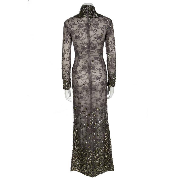 Pre Owned Tom Ford Grey Floral Lace Crystal Embellished Gown S