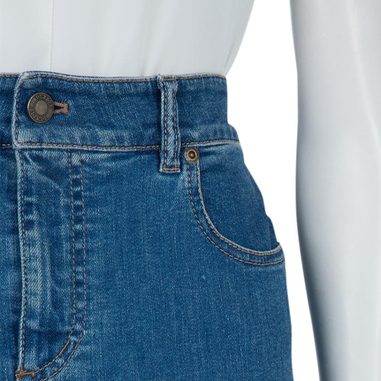 Pre Owned Tom Ford Patchwork Denim Fringed Edging Detail Pencil Skirt S