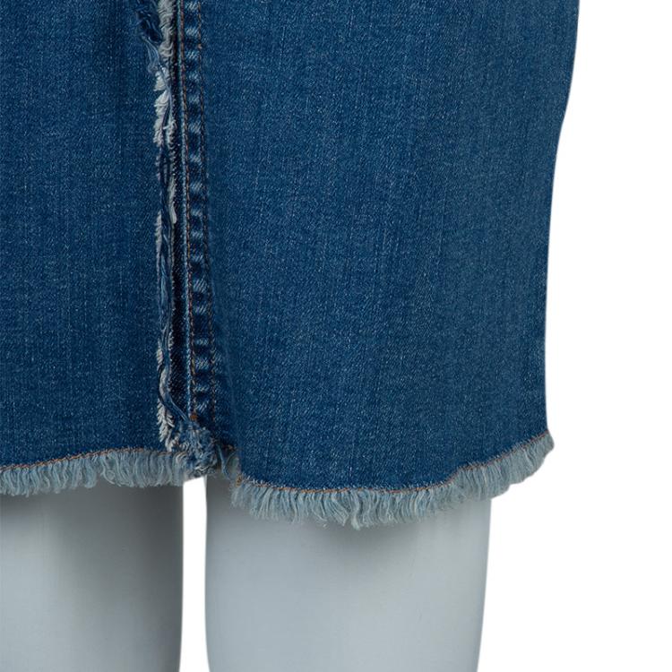 Pre Owned Tom Ford Patchwork Denim Fringed Edging Detail Pencil Skirt S