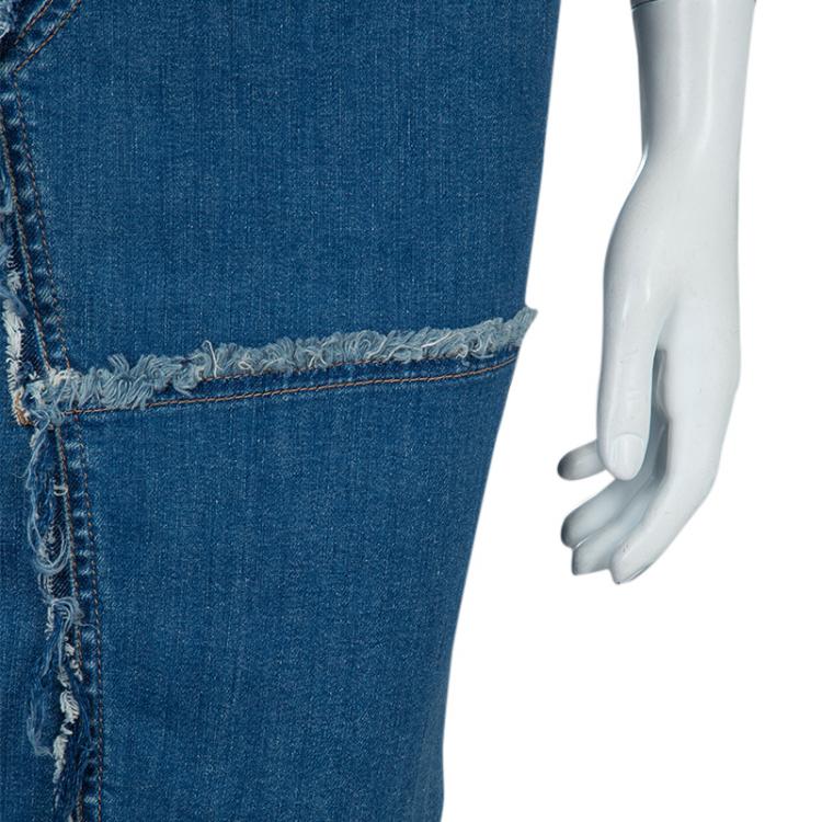 Pre Owned Tom Ford Patchwork Denim Fringed Edging Detail Pencil Skirt S