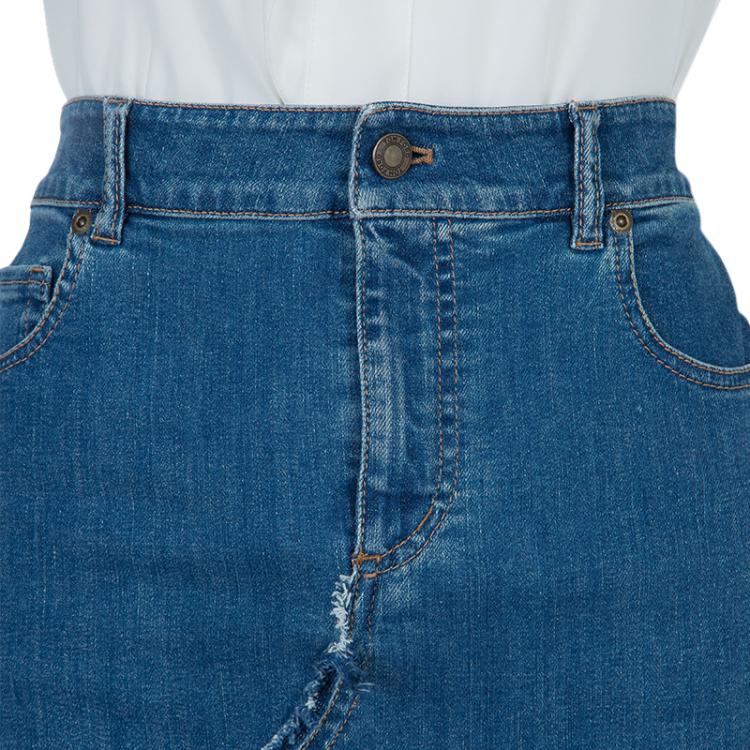 Pre Owned Tom Ford Patchwork Denim Fringed Edging Detail Pencil Skirt S