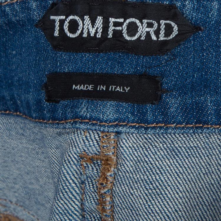Pre Owned Tom Ford Patchwork Denim Fringed Edging Detail Pencil Skirt S