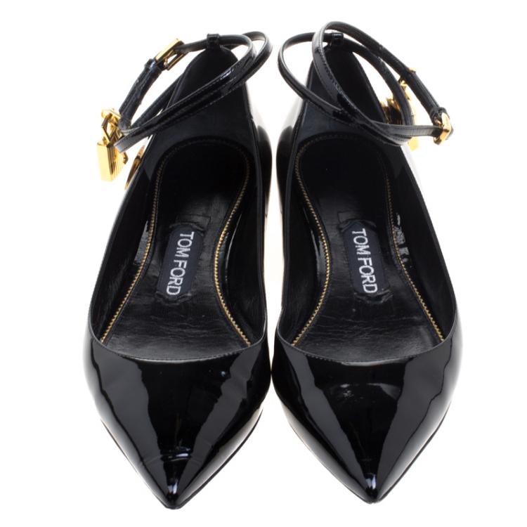 Pre Owned Tom Ford Black Patent Leather Ankle Wrap Lock Ballet Flats Size 37